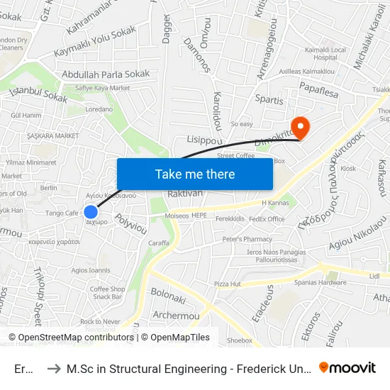 Ermou to M.Sc in Structural Engineering - Frederick University Cyprus map