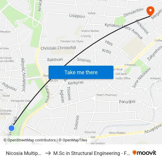 Nicosia Multipurpose Centre to M.Sc in Structural Engineering - Frederick University Cyprus map