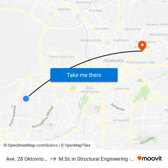 28th October Avenue - Mesolongiou to M.Sc in Structural Engineering - Frederick University Cyprus map