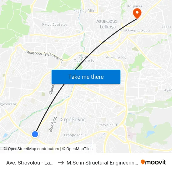 Ave. Strovolou - Lakatameia Roundabout to M.Sc in Structural Engineering - Frederick University Cyprus map