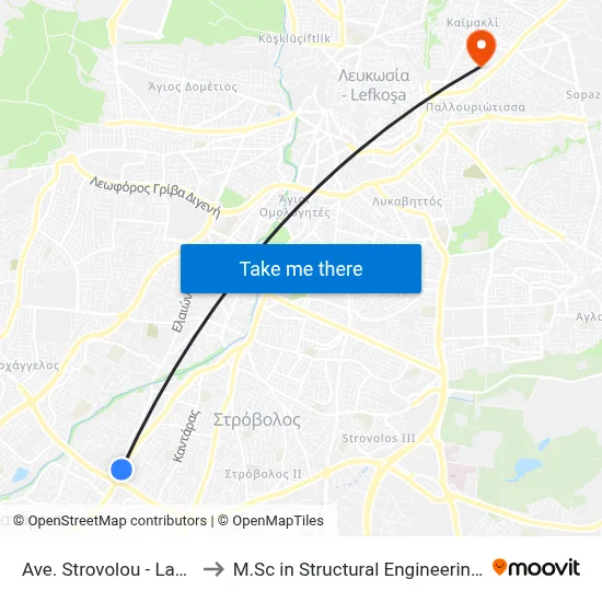 Ave. Strovolou - Lakatameia Roundabout to M.Sc in Structural Engineering - Frederick University Cyprus map