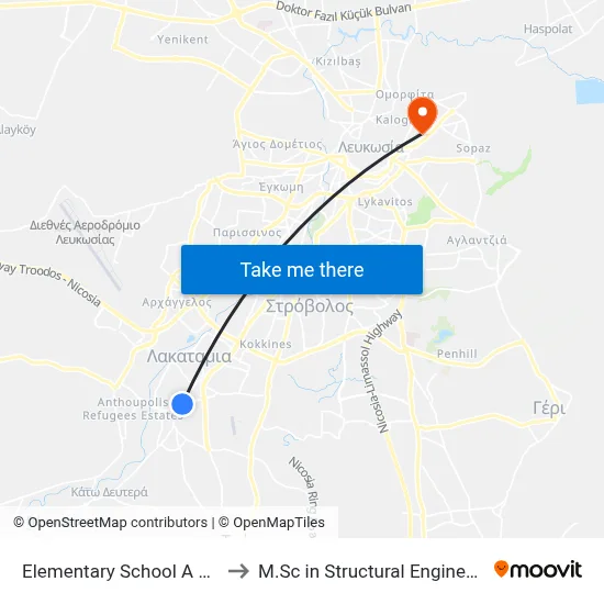Elem. School A Lakatameia - Ag. Paraskevi to M.Sc in Structural Engineering - Frederick University Cyprus map
