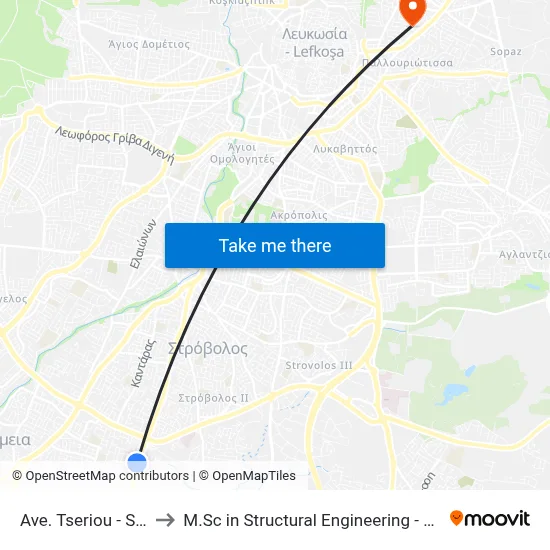 Tseriou Avenue - Sotiriou Lontou to M.Sc in Structural Engineering - Frederick University Cyprus map