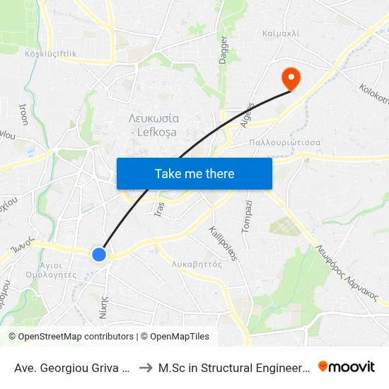 Georgiou Griva Digeni Ave - Themistokli Dervi to M.Sc in Structural Engineering - Frederick University Cyprus map