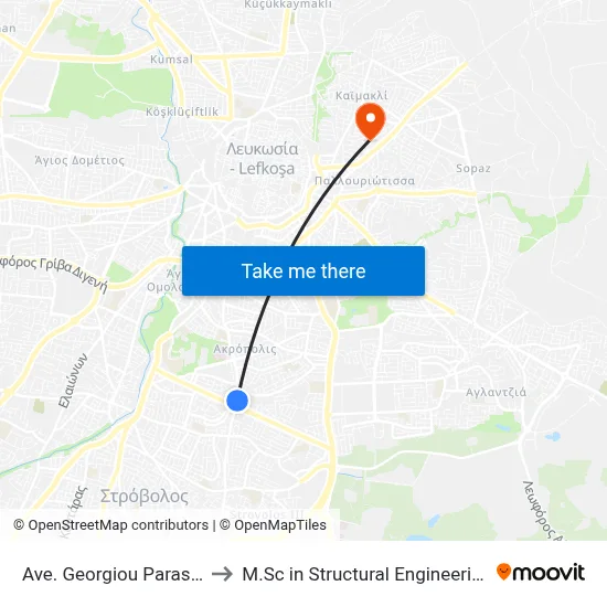 Ave. Georgiou Paraskevaidi - Akropolis Park to M.Sc in Structural Engineering - Frederick University Cyprus map