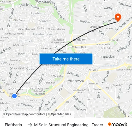 Eleftheria Square to M.Sc in Structural Engineering - Frederick University Cyprus map