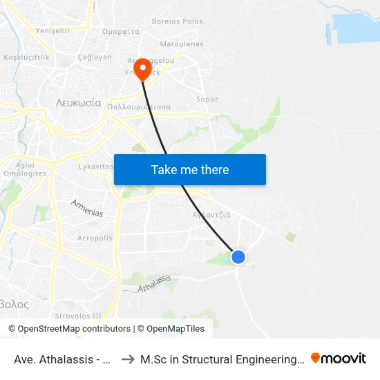 Ave. Athalassis - Ucy Student Halls to M.Sc in Structural Engineering - Frederick University Cyprus map