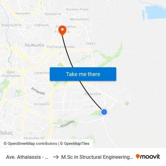 Ave. Athalassis - Ucy Student Halls to M.Sc in Structural Engineering - Frederick University Cyprus map