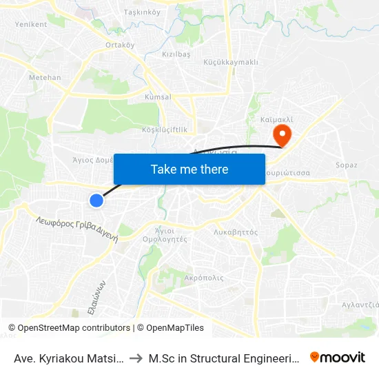 Kyriakou Matsi Avenue - Konstantinou Kanari to M.Sc in Structural Engineering - Frederick University Cyprus map