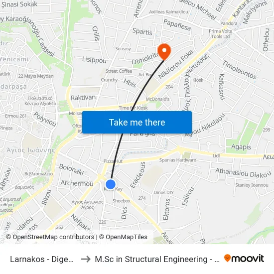 Larnaca - Digeni Akrita Avenue to M.Sc in Structural Engineering - Frederick University Cyprus map
