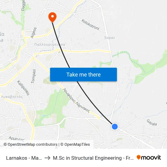 Larnaca - Markou Drakou to M.Sc in Structural Engineering - Frederick University Cyprus map