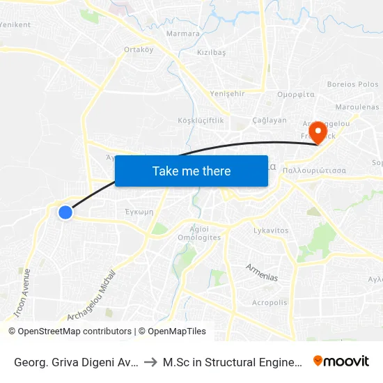 Georg. Griva Digeni Ave. - Kolakasidi Roundabout to M.Sc in Structural Engineering - Frederick University Cyprus map
