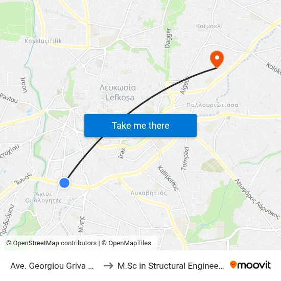 Georgiou Griva Digeni Avenue - Kosta Chatzopoulou to M.Sc in Structural Engineering - Frederick University Cyprus map
