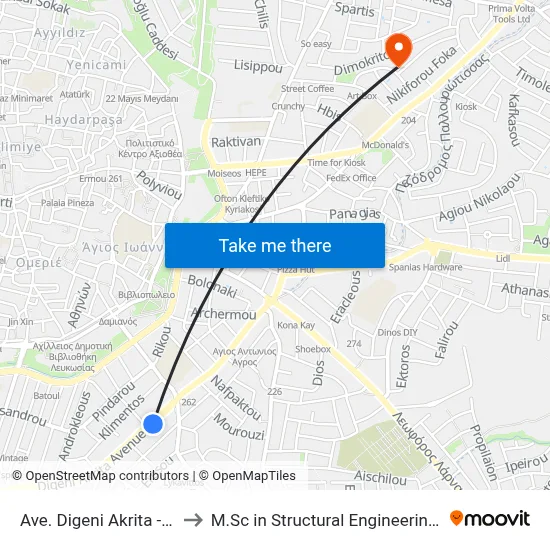 Ave. Digeni Akrita - Ag. Antonios Market to M.Sc in Structural Engineering - Frederick University Cyprus map