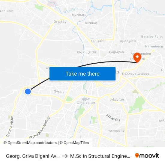 Georg. Griva Digeni Ave. - Kolakasidi Roundabout to M.Sc in Structural Engineering - Frederick University Cyprus map