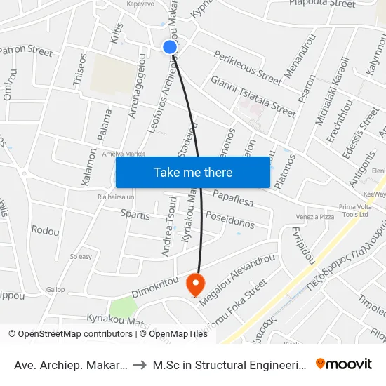 Archbishop Makarios III Avenue - Vasileos Pavlou to M.Sc in Structural Engineering - Frederick University Cyprus map