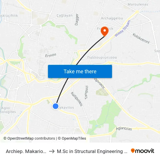Archbishop Makarios III Avenue - Naxou to M.Sc in Structural Engineering - Frederick University Cyprus map