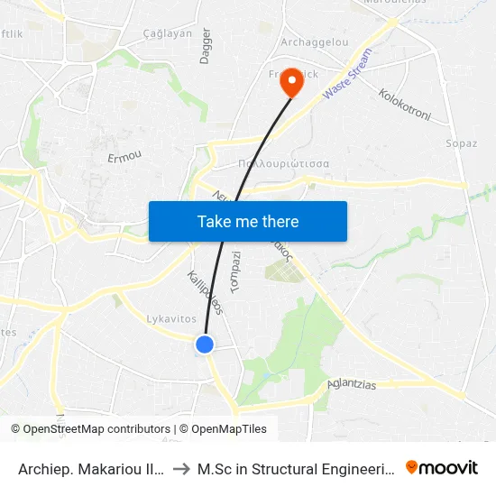 Archbishop Makarios III Ave. - National Guard to M.Sc in Structural Engineering - Frederick University Cyprus map