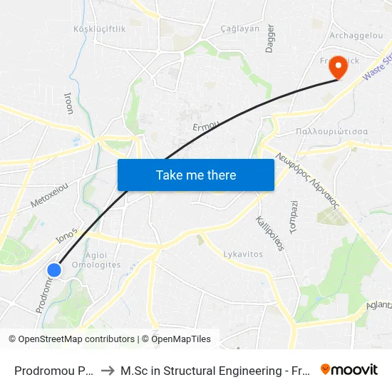 Prodromou Post Office to M.Sc in Structural Engineering - Frederick University Cyprus map