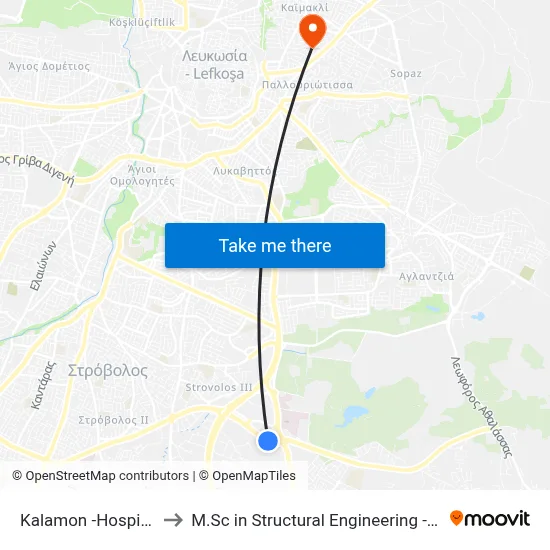 Kalamon - Hospital Roundabout to M.Sc in Structural Engineering - Frederick University Cyprus map
