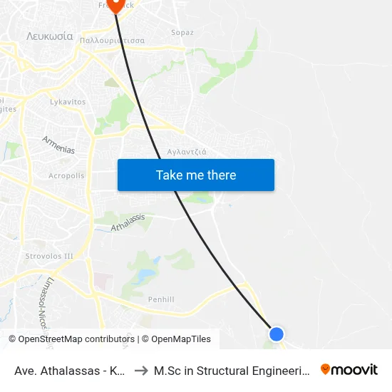 Athalassas Avenue - Konstantinou Giallourou to M.Sc in Structural Engineering - Frederick University Cyprus map
