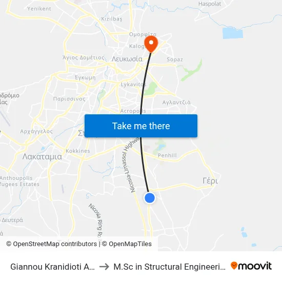 Giannou Kranidioti Ave. - Dionysiou Solomou to M.Sc in Structural Engineering - Frederick University Cyprus map