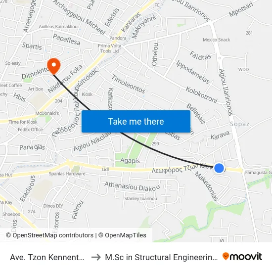 Ave. Tzon Kennenty - Roundabout Sopaz to M.Sc in Structural Engineering - Frederick University Cyprus map