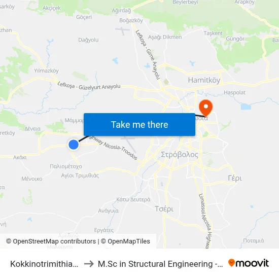 Kokkinotrimithia Police Station to M.Sc in Structural Engineering - Frederick University Cyprus map