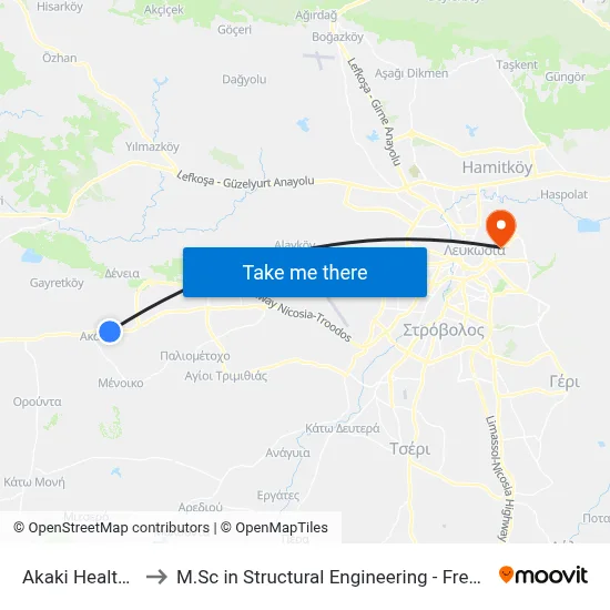 Akaki Health Center to M.Sc in Structural Engineering - Frederick University Cyprus map