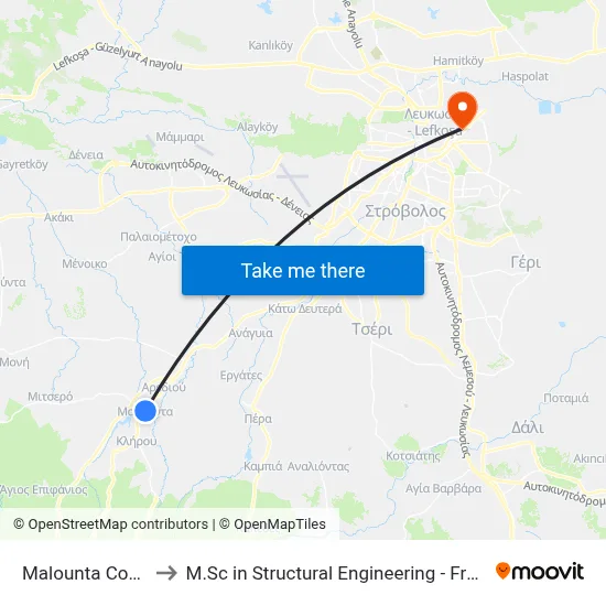Malounta Comm. Centre to M.Sc in Structural Engineering - Frederick University Cyprus map