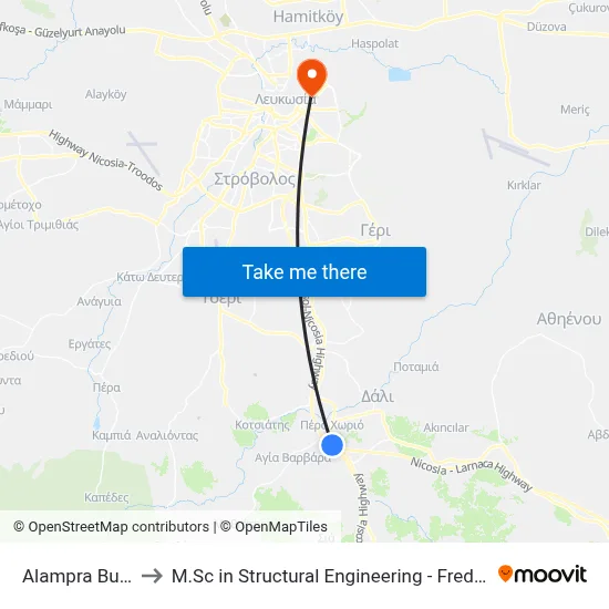 Alampra Bus Station to M.Sc in Structural Engineering - Frederick University Cyprus map