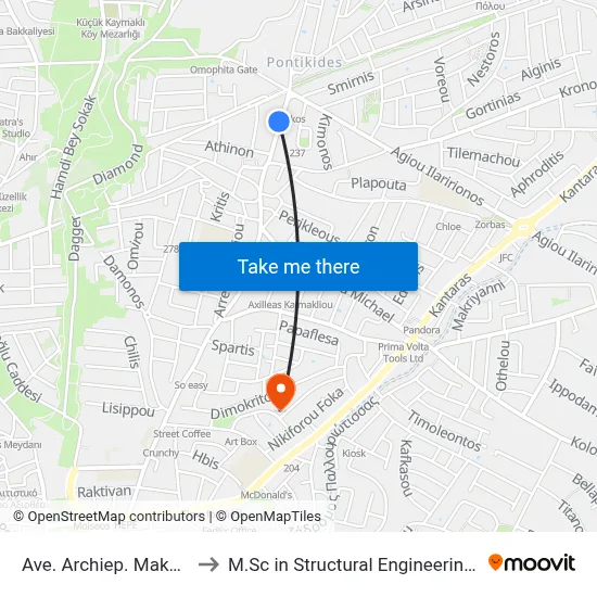 Ave. Archiep. Makariou C - Ag. Ilarionos to M.Sc in Structural Engineering - Frederick University Cyprus map