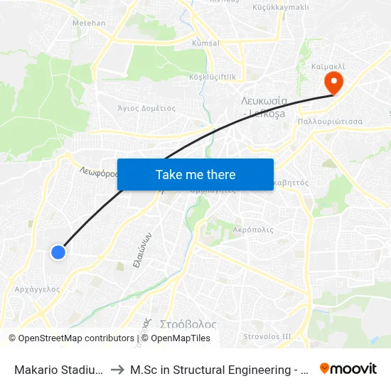 Makario Stadium Bus Station to M.Sc in Structural Engineering - Frederick University Cyprus map
