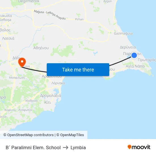 B´ Paralimni Elem. School to Lymbia map