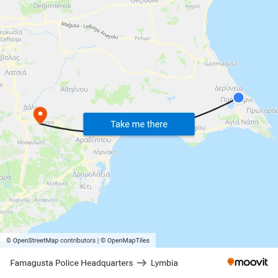 Famagusta Police Headquarters to Lymbia map