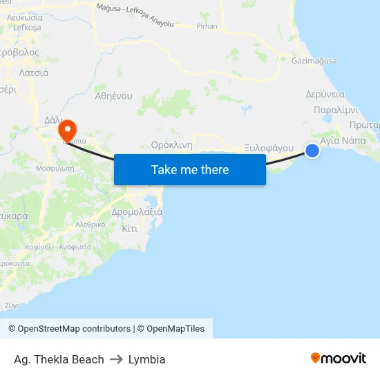 Ag. Thekla Beach to Lymbia map