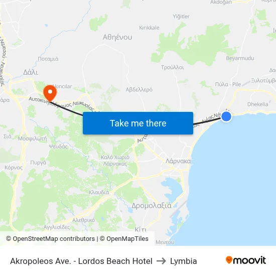 Acropolis Avenue - Lordos Beach Hotel to Lymbia map