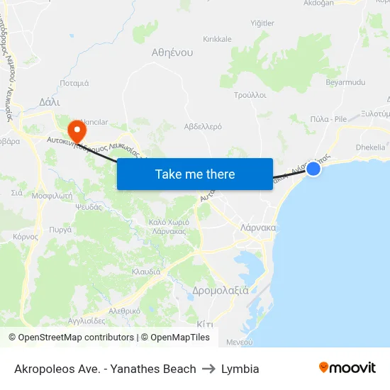 Akropoleos Avenue - Yanathes Beach to Lymbia map