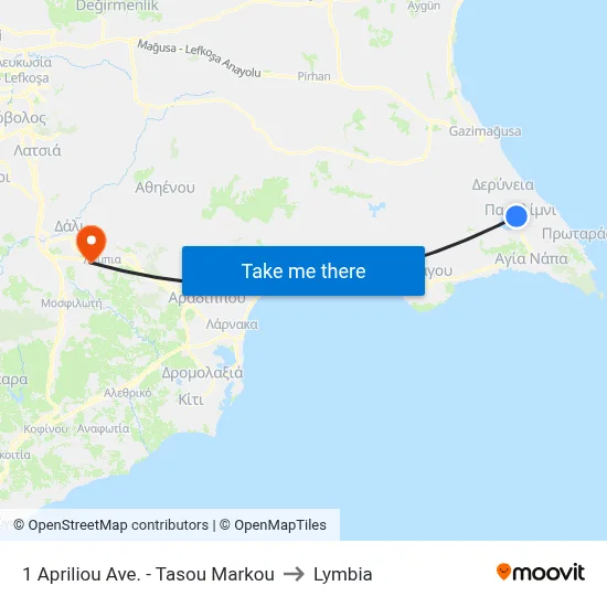 1 Apriliou Ave. - Tasou Markou to Lymbia map
