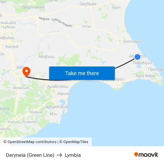 Deryneia (Green Line) to Lymbia map