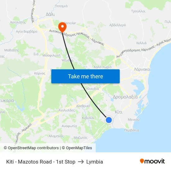 Kiti - Mazotos Road - 1st Stop to Lymbia map