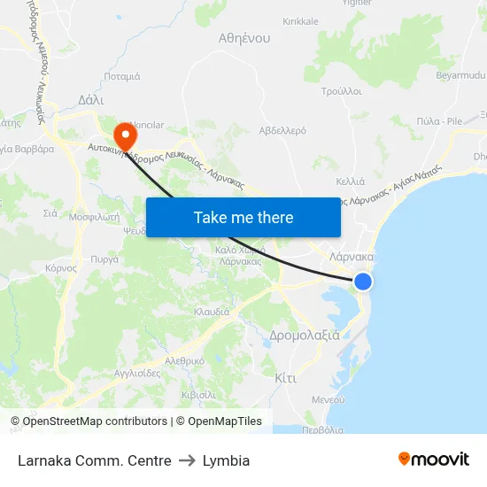 Larnaka Comm. Centre to Lymbia map