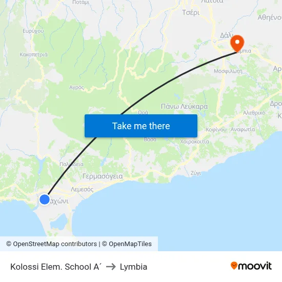 Kolossi Elem. School A´ to Lymbia map