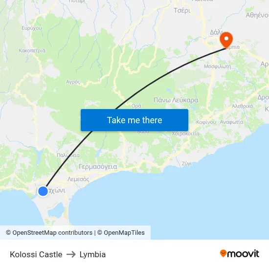 Kolossi Castle to Lymbia map
