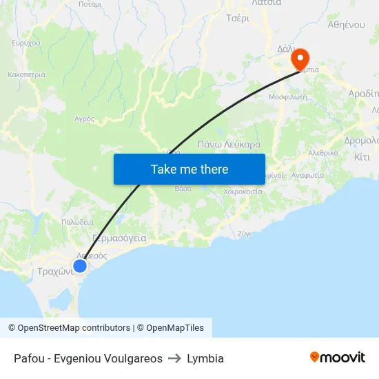 Pafos - Evgeniou Voulgareos to Lymbia map