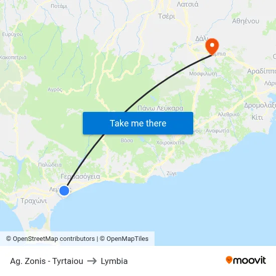 Ag. Zonis - Tyrtaiou to Lymbia map