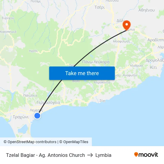Tzelal Bagiar - Ag. Antonios Church to Lymbia map