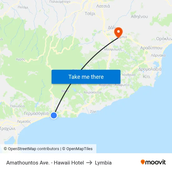 Amathountos Ave. - Hawaii Hotel to Lymbia map