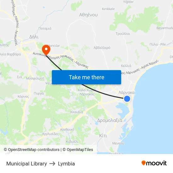 Municipal Library to Lymbia map
