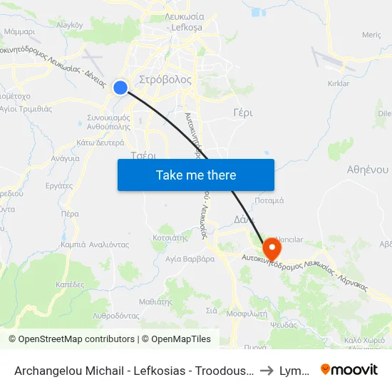 Archangelou Michail - Lefkosias - Troodous Hwy to Lymbia map